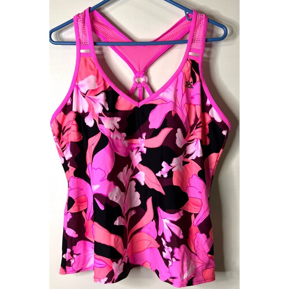Pink Floral Racerback Tankini Swim Top With Mesh Detail & Built-In Bra